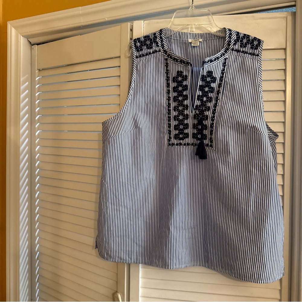 J. Crew Blue and White Striped Top with Embroidery
